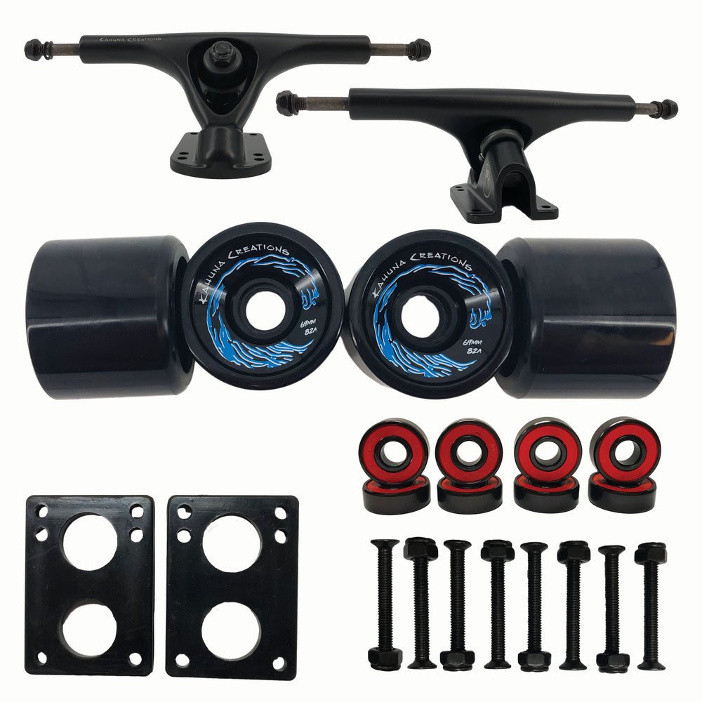 Kahuna Creations hardware bundle, trucks, black wheels, bearings, riders, nuts and bolts