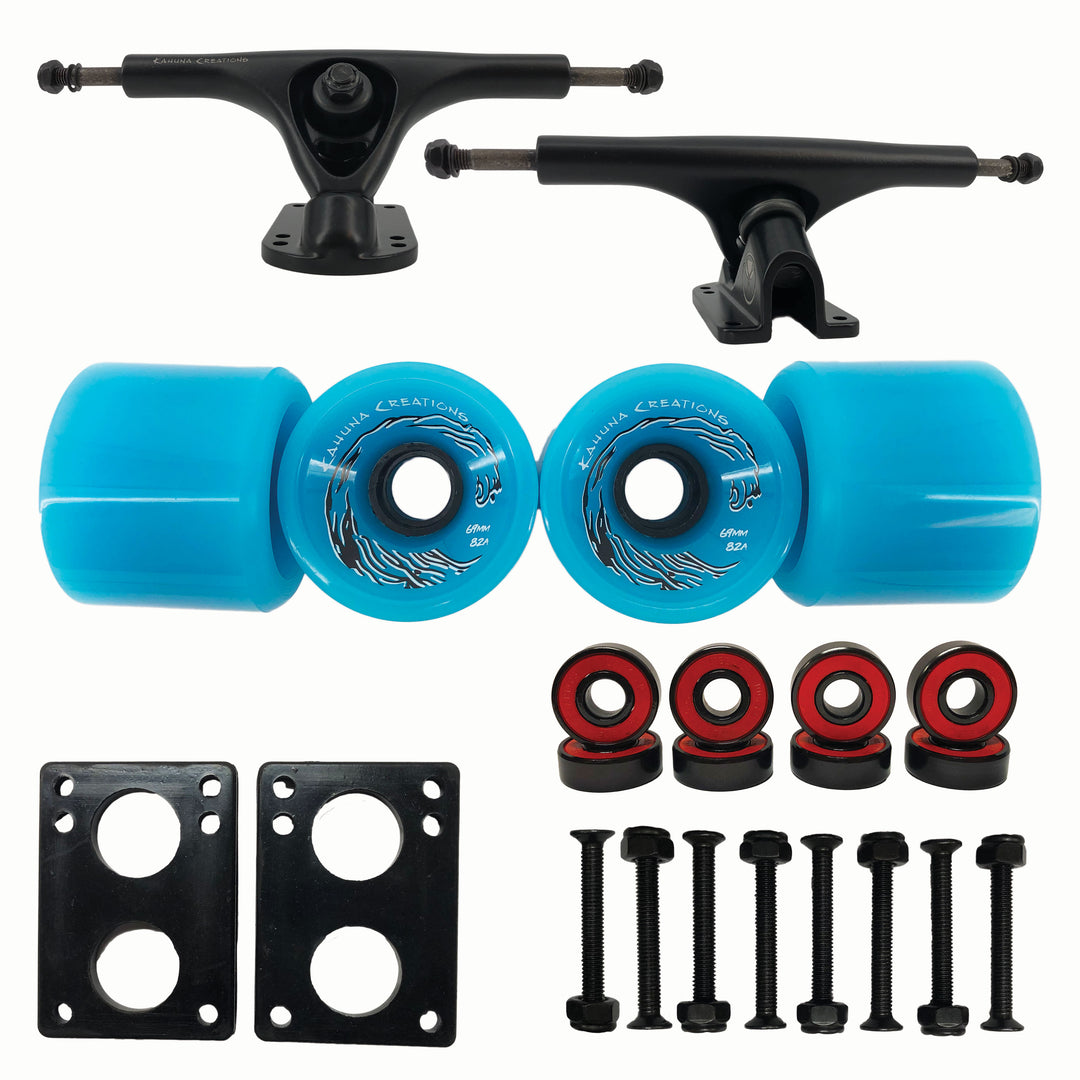 Kahuna Creations hardware bundle, trucks, blue wheels, bearings, riders, nuts and bolts