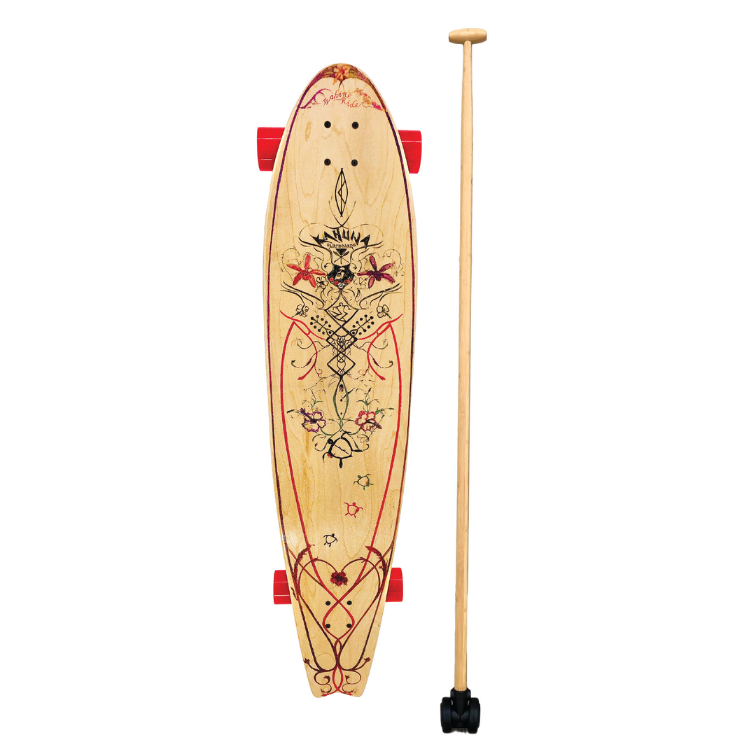 Kahuna Creations Pohaku Wahine longboard with Bamboo Big Stick land paddle