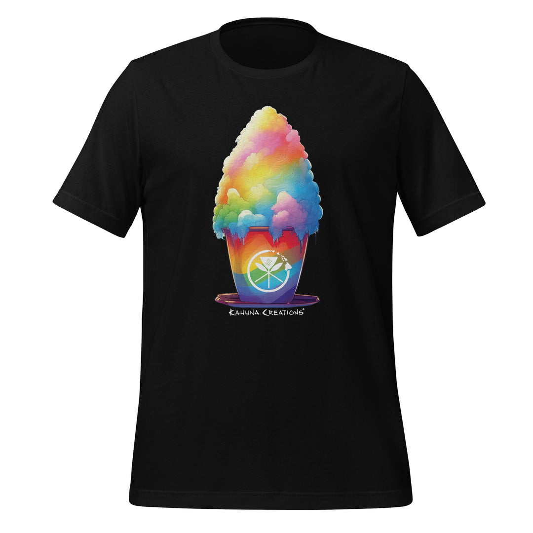 Kahuna Creations rainbow shave ice logo on black tshirt