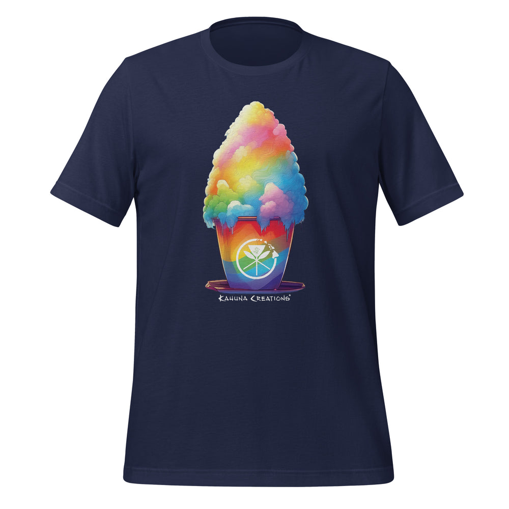 Kahuna Creations rainbow shave ice logo on navy tshirt