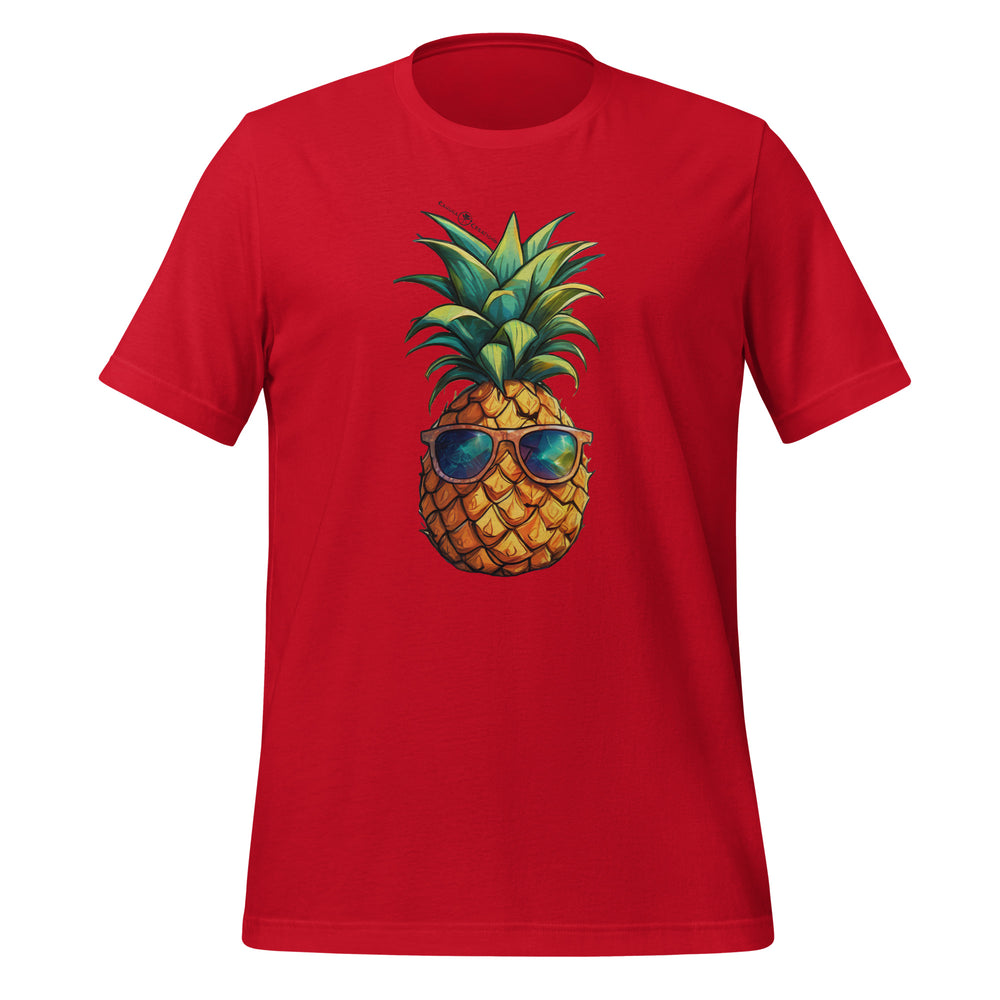 Kahuna Creations cartoon pineapple on red tshirt.