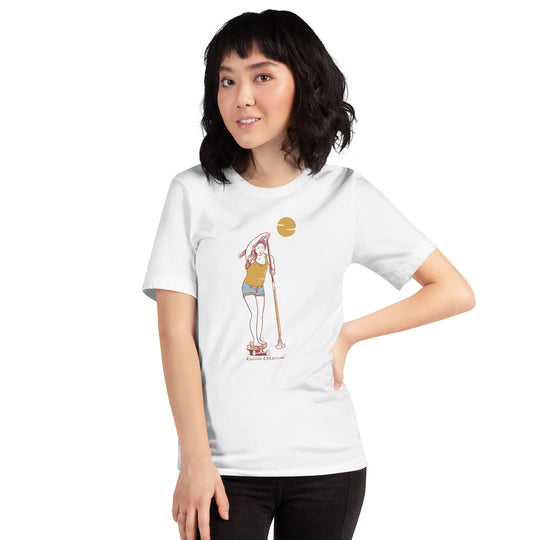 Woman wearing Kahuna Creations woman land paddler logo white tshirt