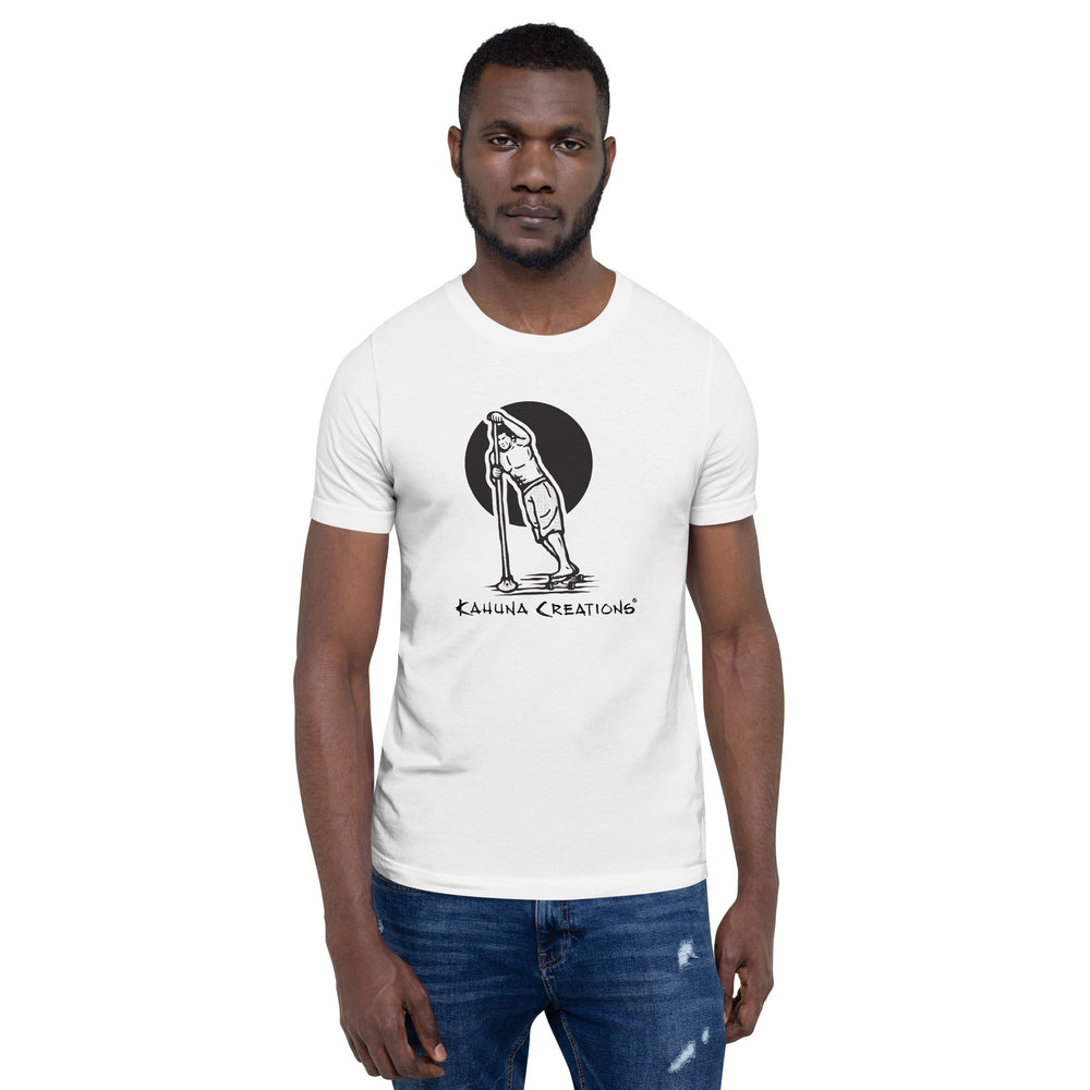 Man wearing Kahuna Creations land paddler logo on white tshirt