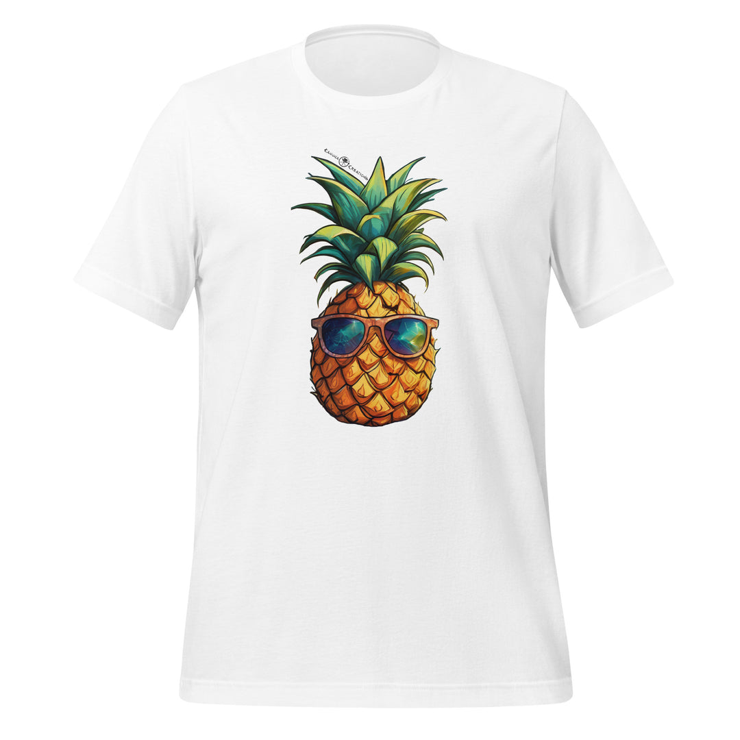 Kahuna Creations cartoon pineapple on white tshirt.