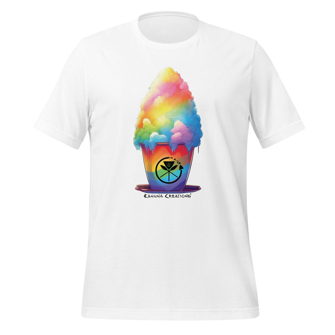 Kahuna Creations rainbow shave ice logo on white tshirt