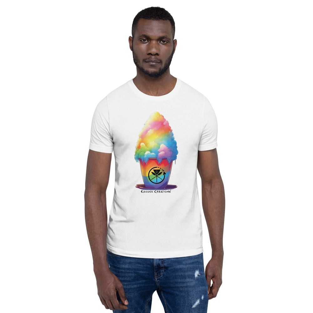 Man wearing Kahuna Creations rainbow shave ice logo on white tshirt