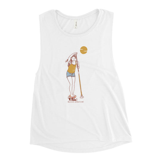 Kahuna Creations female land paddler on white muscle tee