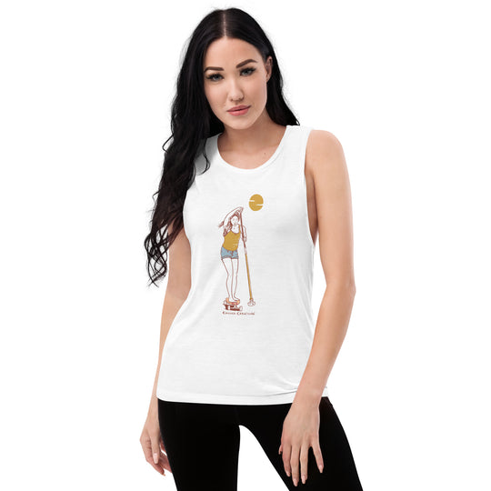 Woman wearing Kahuna Creations female land paddler on white muscle tee