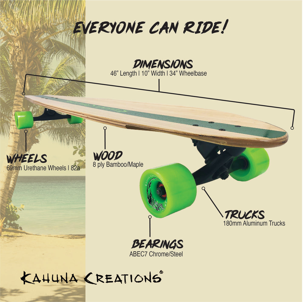 Kahuna Creations bamboo fishtail longboard infographic