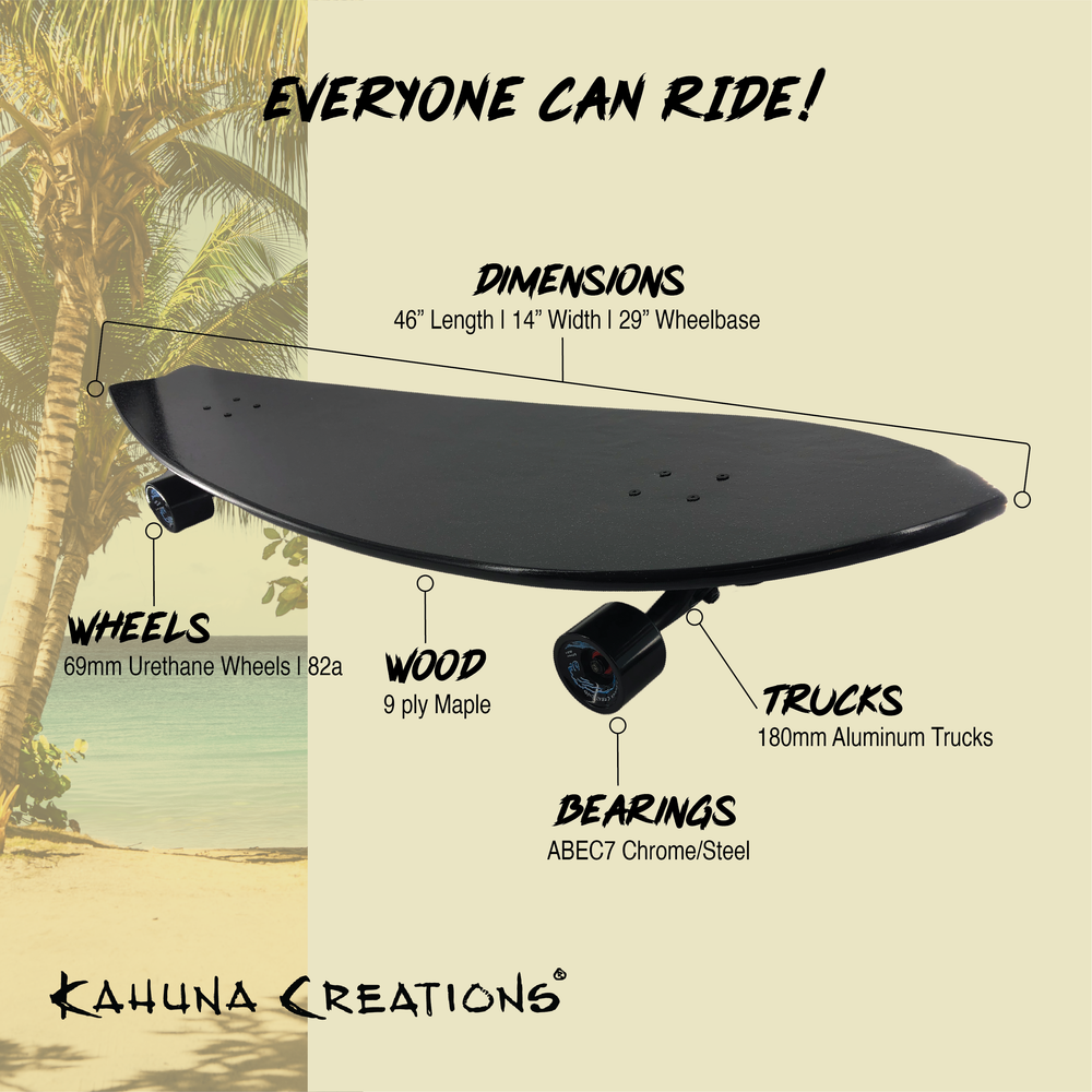 Kahuna Creations Shaka fishtail longboard infographic