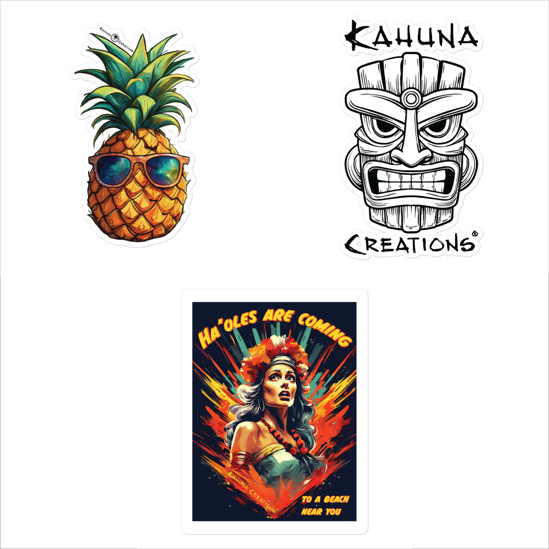 Kahuna Creations stickers of a pineapple wearing sunglasses, a tick mask with kahuna creations logo and a woman with flower headdress and color paint splashes behind her.