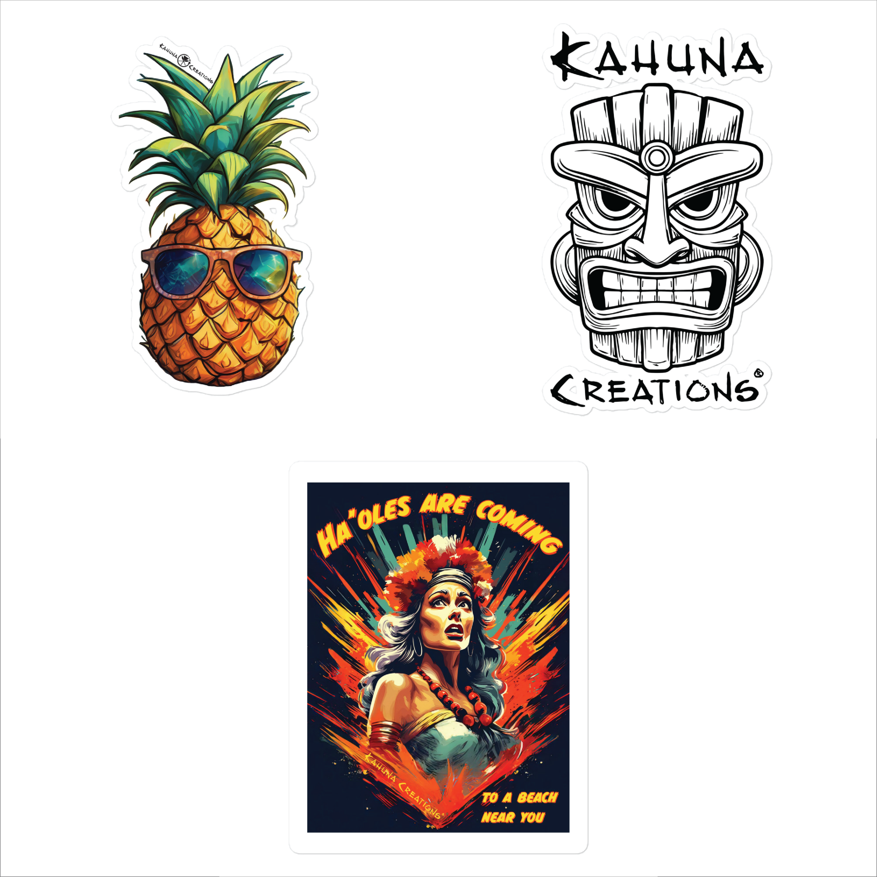 Kahuna Creations stickers of a pineapple wearing sunglasses, a tick mask with kahuna creations logo and a woman with flower headdress and color paint splashes behind her.