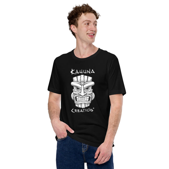 Man wearing Kahuna Creations tiki mask logo black tshirt