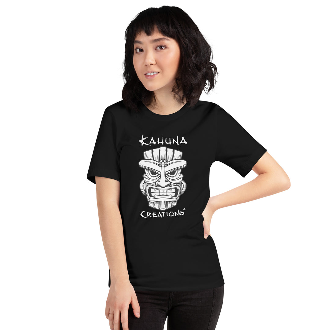 Woman wearing Kahuna Creations tiki mask logo black tshirt