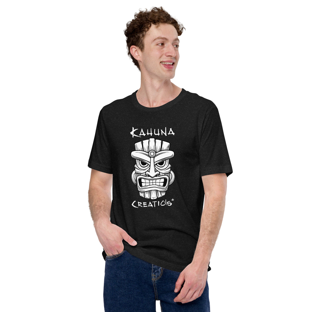 Man wearing Kahuna Creations tiki mask logo black tshirt