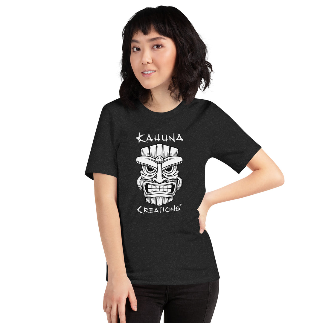 Woman wearing Kahuna Creations tiki mask logo black tshirt