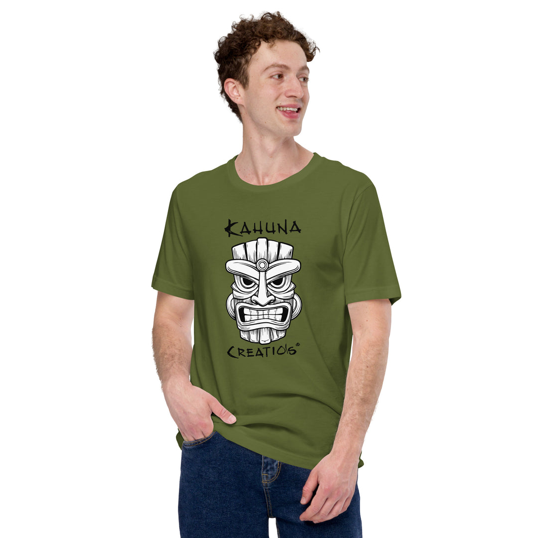 Man wearing Man wearing Kahuna Creations tiki mask logo olive tshirt