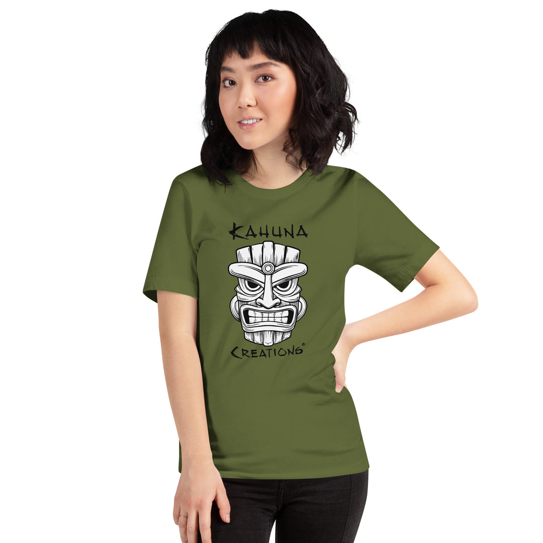 woman wearing Kahuna Creations tiki mask logo olive tshirt