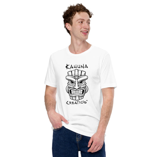 Man wearing Kahuna Creations tiki mask logo white tshirt