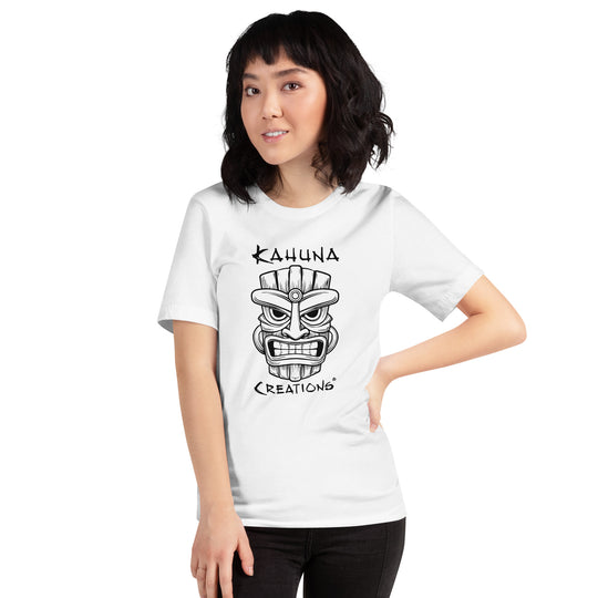 woman wearing Kahuna Creations tiki mask logo white tshirt