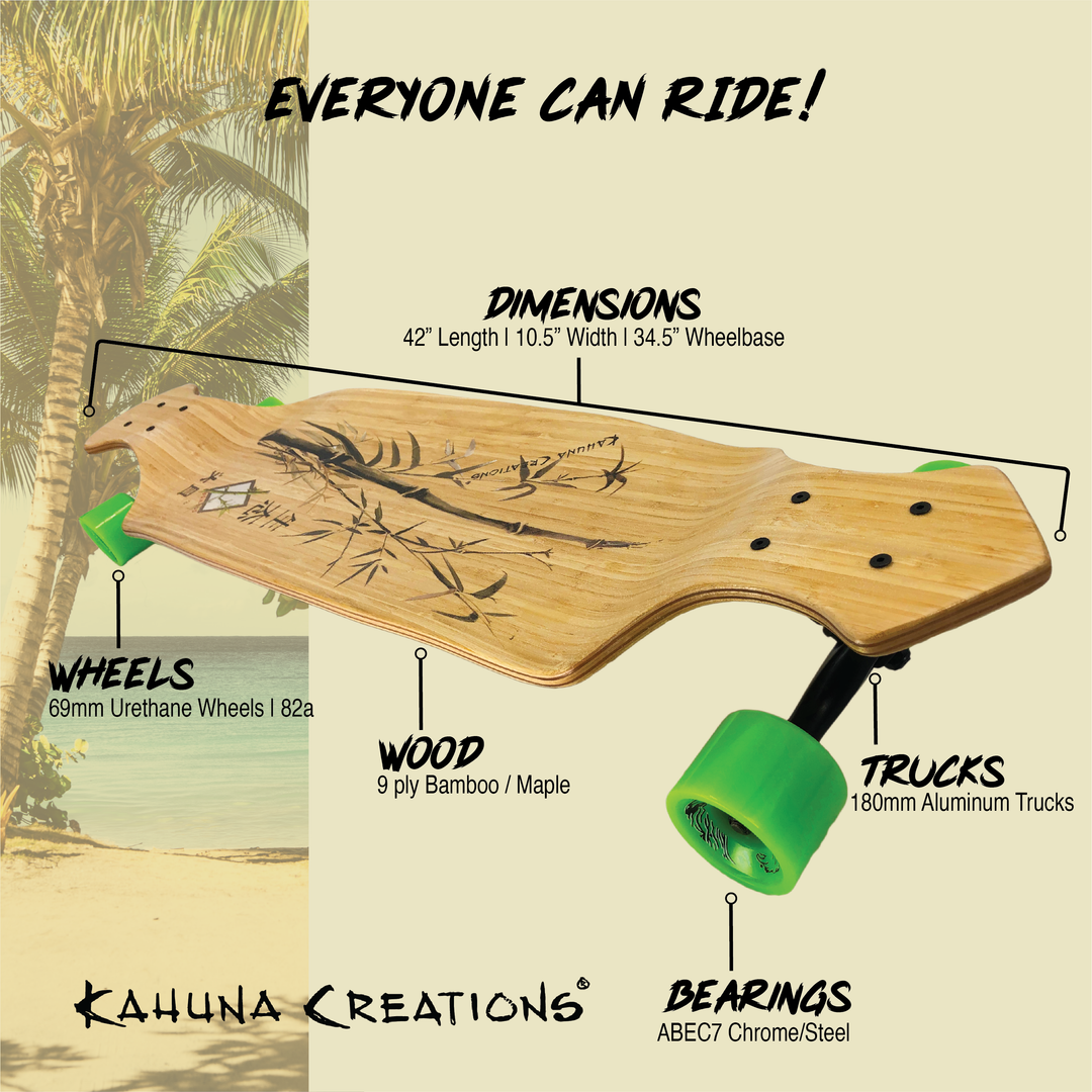 Kahuna Creations 42" Bamboo Drop Deck Longboard Skateboard Infographic